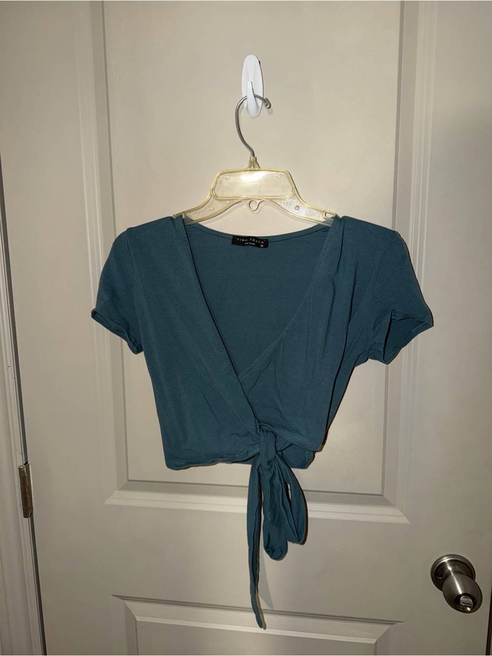 Final Touch Teal Tie-Front Wrap Crop Top - Women